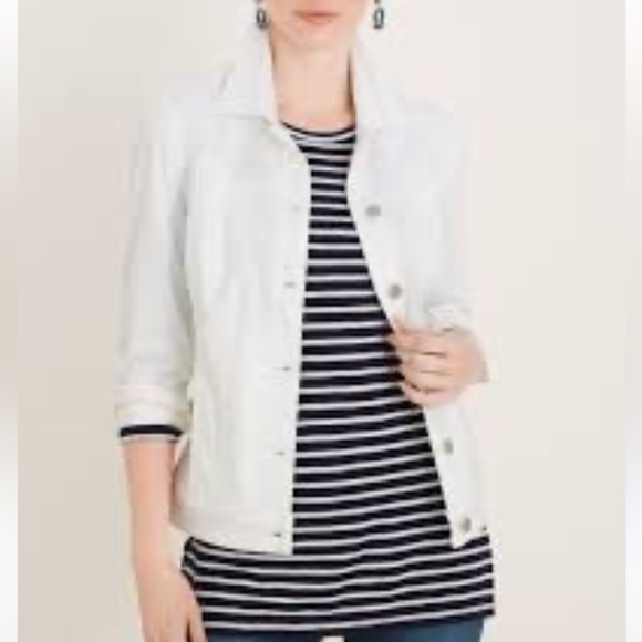 Chicos Platinum Basic Denim White Jean Jacket Sz 12 Stretch Lagenlook - Picture 3 of 10